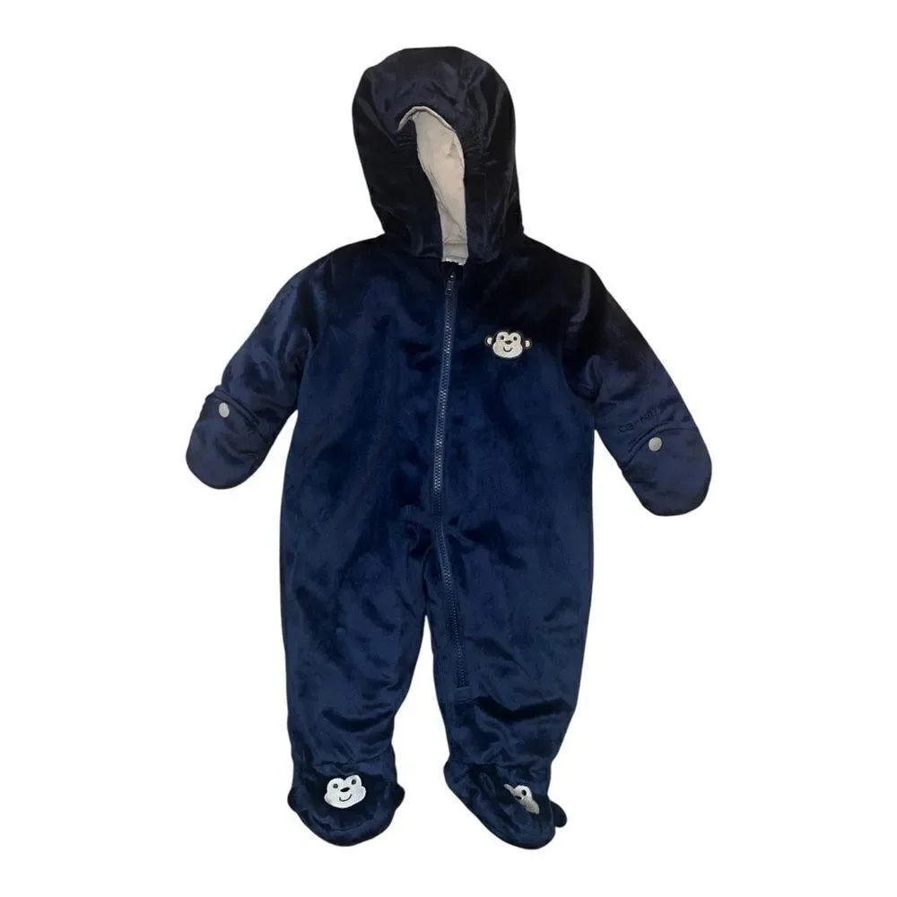 Carters Baby Blue Plush Pram with Monkey Snow Suit 6-9 Month NWT